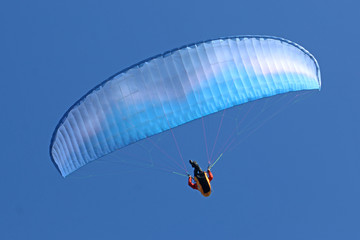 blue paraglider flying in the sky
