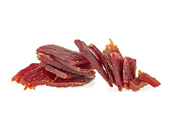 Portion of beef jerky on a white white background. Full depth of field.