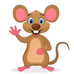 Mouse smiles and waves a friendly paw on a white background. Character.