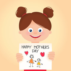 Happy Mother's Day card with child holding drawing picture postcard, cartoon vector illustration 