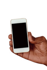 Male hand holding smartphone with blank screen.