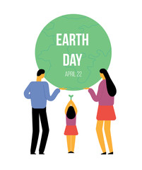 Family family holds planet. Mother, father and the daughter holds earth in hands. Earth day holliday. People want to protect the world.