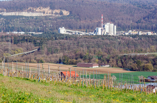 View of the cement plant in Wuerenlingen from village of Villigen, Switzerland.