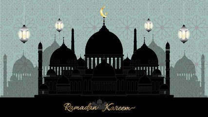 Landscape of Ramadan Kareem with mosque silhouett at night with stars and the moon on green background, An Islamic greeting card for holy month of Ramadan Kareem,Eid Mubarak banner