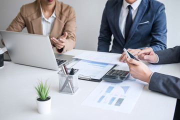 Obraz premium Group of Business partner professional team working together meeting are discussing and analyzing with new strategy marketing project investment to growth up profit into company
