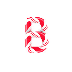 Cane letter B. Candy font elment. Sweet candy, lollipop latin letters. White letter with red stripes. Circus and clown monogram and poster template. Typography design.