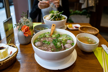A vietname Pho soup in a restaurant