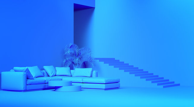Empty interior with a staircase, sofa and door, 3D illustration. 