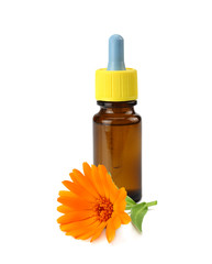 bottle with marigold oil with marigold flowers isolated on white background. calendula flower.