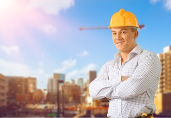 Male worker with tool belt isolated on white  background