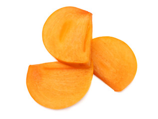 fresh ripe persimmon slices isolated on white background. top view