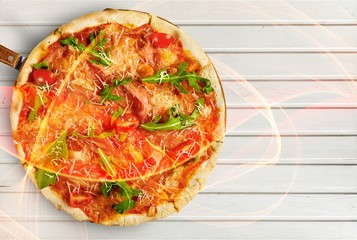 Freshly baked pizza on tray on white background, top view
