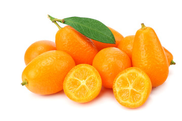 Cumquat or kumquat with slices and leaves isolated on white background