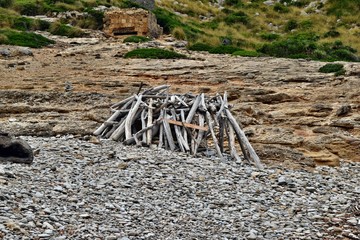 Primitive a hut shelter in the woods made of a fallen branches in Cala Figuera, Mallorca