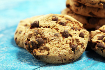 Chocolate cookies on wooden table. Chocolate chip cookies