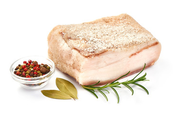 Salted lard, preserved pork fat, close-up, isolated on white background