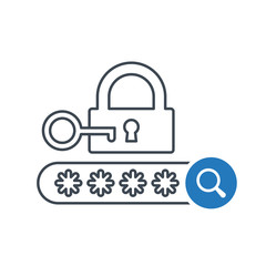 Password icon with research sign. Protection lock icon and explore, find, inspect symbol