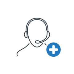 Support icon with add sign. Customer service agent with headset icon and new, plus, positive symbol
