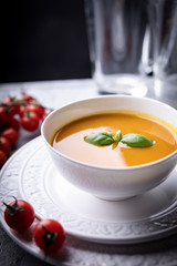 Appetizing pumpkin soup, cream soup with pumpkin seeds.