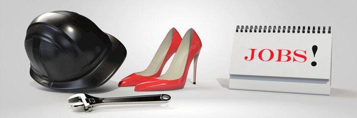 3d illustration of safety helmet, tool kit, high heels and notebook on a white background