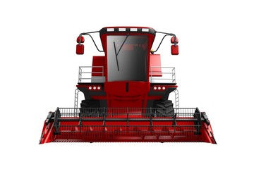 industrial 3D illustration of huge beautiful red rye agricultural combine harvester front view isolated on white