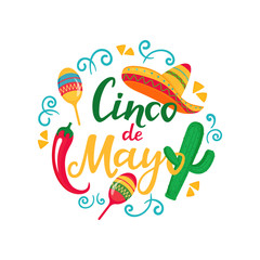 Cinco de Mayo. Hand drawn lettering. 5th of May. Festive mexican banner. Sombrero, Maracas, Cactus, Chili Pepper.