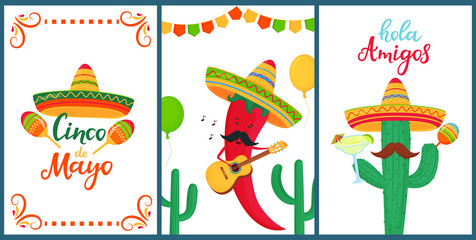 Cinco de Mayo. Hola Amigos. Hand drawn lettering. A set of festive posters to the Mexican national holiday. Funny chili pepper plays on the guitar. Cartoon cactus in sombrero holds maracas © LiluArt