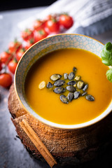 Pumpkin cream soup. A velvety aromatic soup.