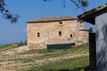 Fototapeta na wymiar Old Byzantine church in town of Nea Fokea, Kassandra, Chalkidiki, Central Macedonia, Greece