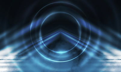 Empty background scene. Dark street reflection on the wet pavement. Rays of blue neon light in the dark, neon figures, smoke. Night view of the street, the city. Abstract dark background.