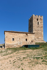 Fototapeta na wymiar Ancient Byzantine Tower in town of Nea Fokea, Kassandra, Chalkidiki, Central Macedonia, Greece