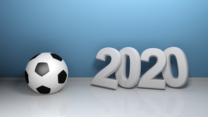 2020 at blue wall with soccer ball - 3D rendering illustration