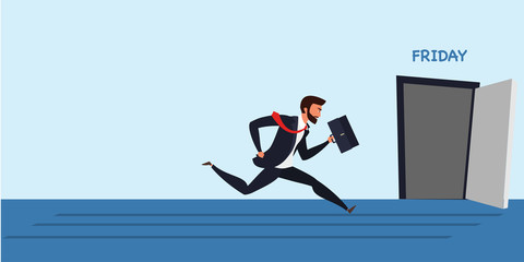 Businessman running to work flat illustration. Office worker hurrying up home at Friday. Employee cartoon character finishing workday. Man in formal suit getting late for job interview vector drawing