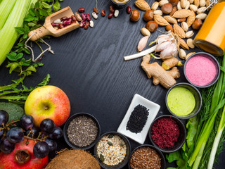 super food on wooden background, copy space