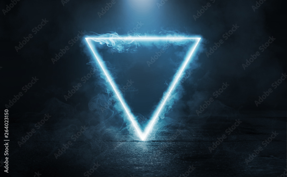 Poster empty background scene. dark street reflection on the wet pavement. rays of blue neon light in the d