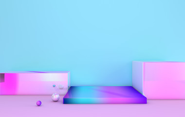 3d rendered iridescent geometric shapes, podium. Blue background. Set of platforms for product presentation, mock up. Abstract composition in modern minimal design