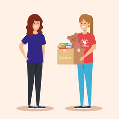girls with box donation with books and teddy