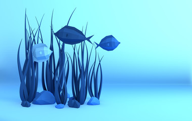 Paper underwater sea cave with fishes, stones, seabed in algae, waves. Paper cut deep style 3d render. Deep blue marine life, diving concept. Ocean wildlife