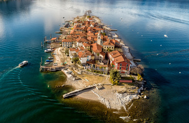 Aerial view of Fishermens Island or Isola dei Pescatori at Lake Maggiore, is one of the Borromean...