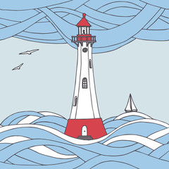 Colorful Vector Seamless Pattern with Lighthouse Summer Landscape - 264025357