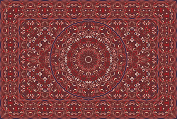 Vintage Arabic pattern. Persian colored carpet. Rich ornament for fabric design, handmade, interior decoration, textiles. Red background. - 264026349