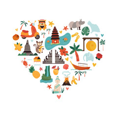 Fototapeta premium Cartoon illustration with Bali landmarks, symbols