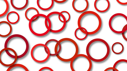 Abstract illustration of randomly arranged red rings with soft shadows on white background