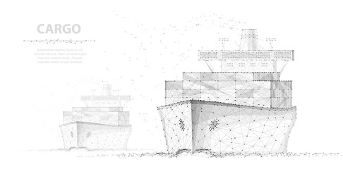 Worldwide cargo ship. Two boats. Abstract Polygonal wireframe vector. Container transportation, commercial logistic, delivery shipping - obrazy, fototapety, plakaty