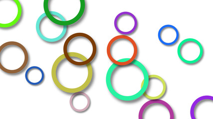 Abstract illustration of randomly arranged colored rings with soft shadows on white background