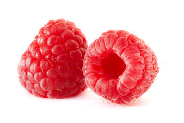 Ripe red fresh raspberries isolated on white background. top view. Raspberry group closeup macro