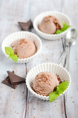 Chocolate ice cream in a white bowls on a wooden table, selective focus.