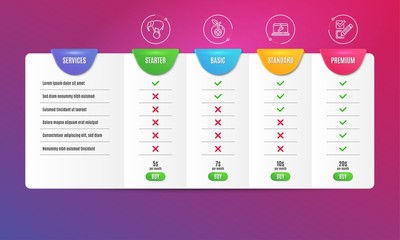 Medical food, Laptop repair and Elephant on ball icons simple set. Comparison table. Checkbox sign. Apple, Computer service, Circus show. Survey choice. Business set. Pricing plan. Vector