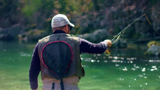 Flyfishing Man Relaxing and catches fishes