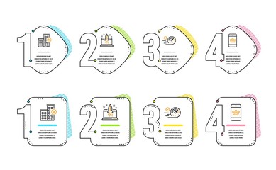 Loan house, Start business and Speedometer icons simple set. Smartphone buying sign. Discount percent, Launch idea, Time concept. Website shopping. Business set. Infographic timeline. Vector